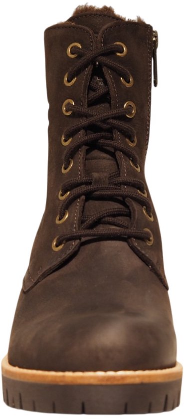 Bruine leren Panama Jack veterboot met profielzool, ritssluiting en teddy voering. Goudkleurige veteroogjes.