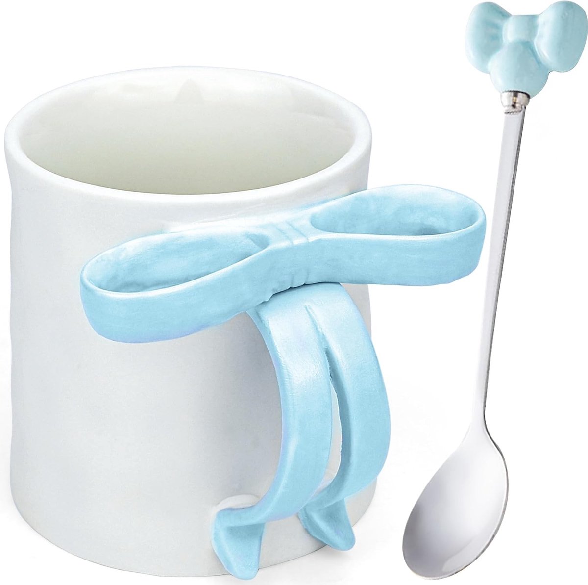 Schattige keramische mok van 350 ml met strik en oor - Porseleinen koffie- en theekop in lichtblauw, perfect voor dagelijks gebruik en cadeau's.