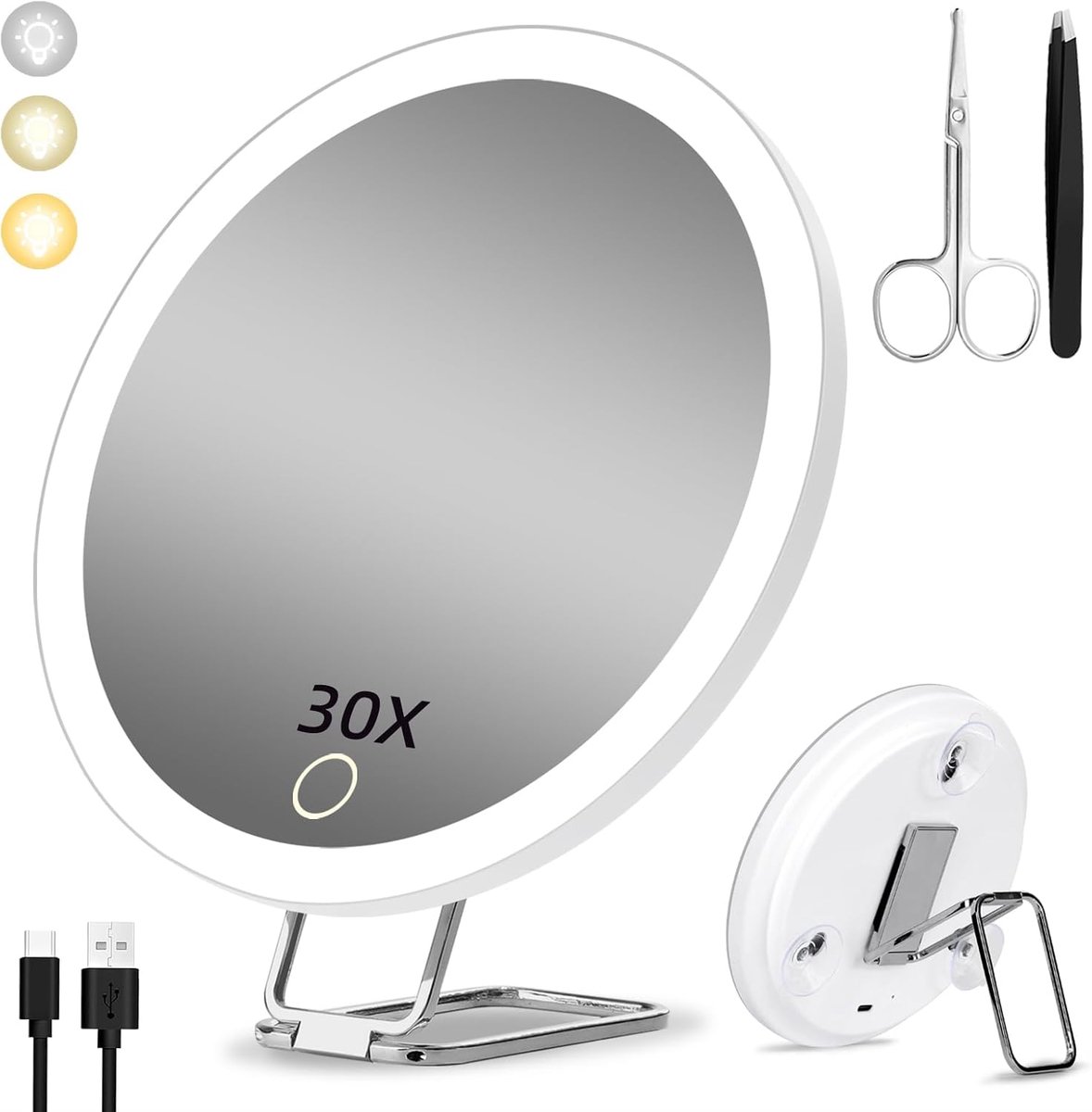 carmdering - 30x Vergrotende Spiegel met Licht – Oplaadbare LED Make-up Spiegel met Zuignap – 3 Kleuren Dimbare Verlichting – Hangende Douche Spiegel voor Badkamer en Wastafel – Wit