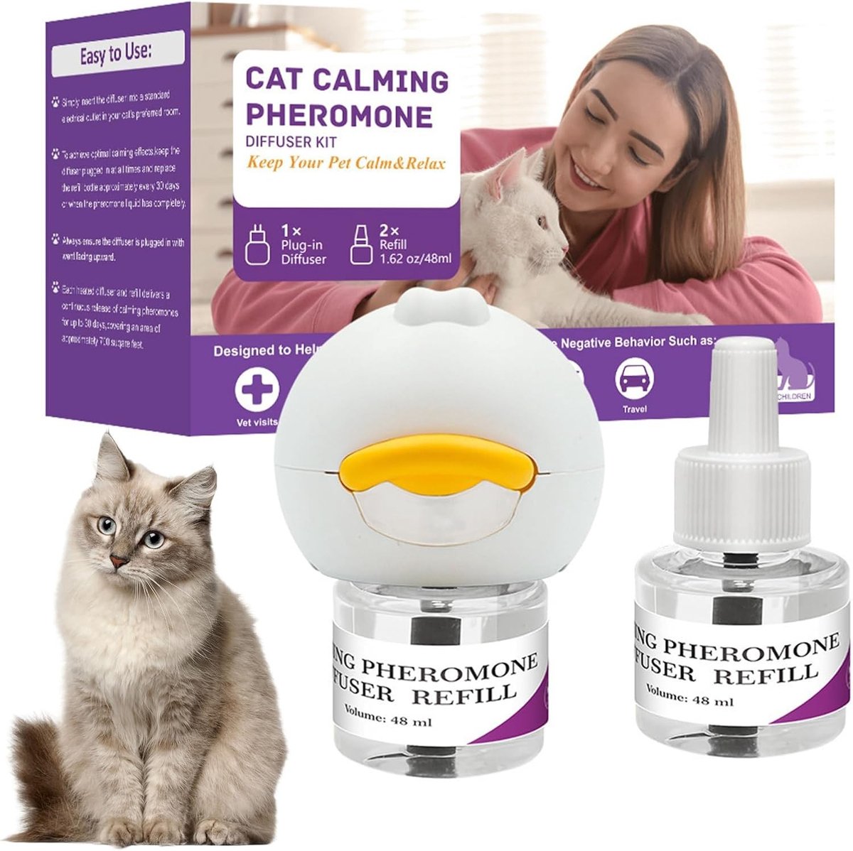 Kalmerende katten diffuser met feromonen, 2 navullingen, stressverlichting voor katten, vermindert krabben en onrust, 30 dagen continu effect