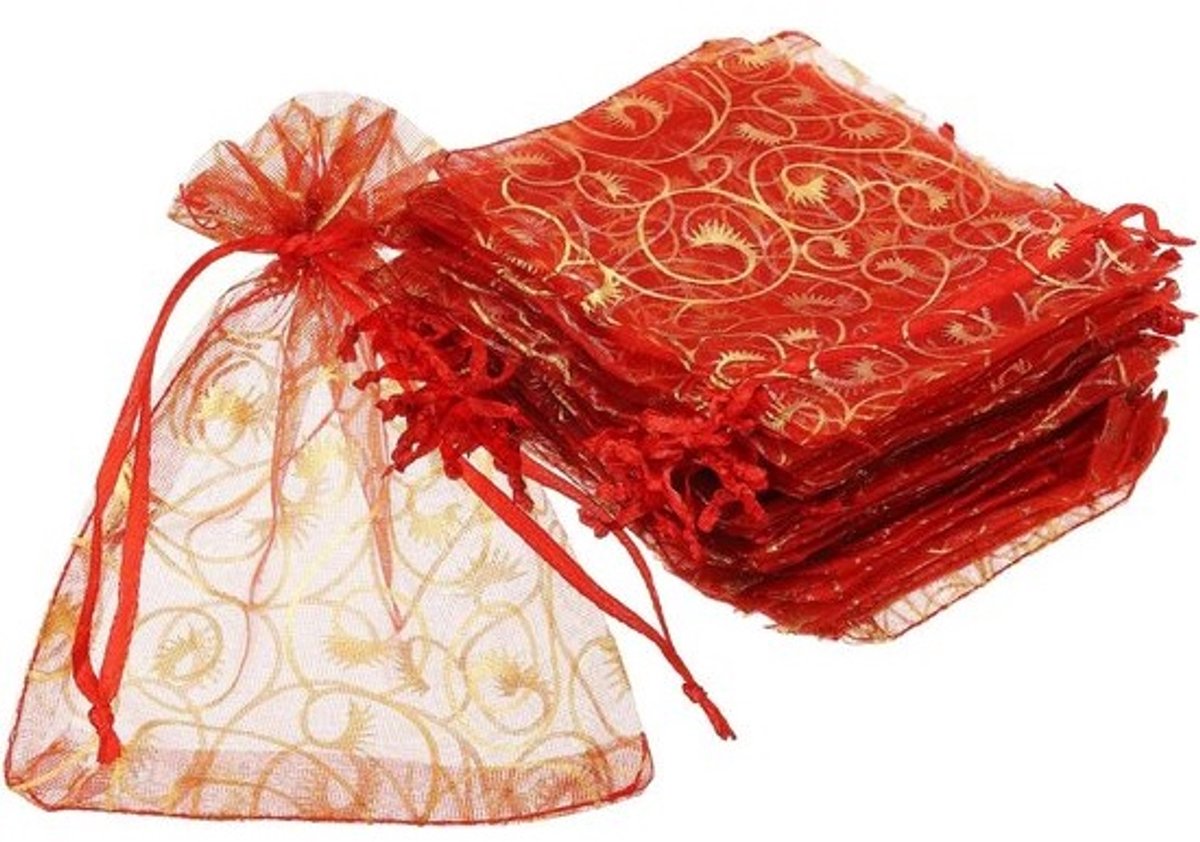Organzazakjes met trekkoord - Cadeauzakjes Sieradenzakjes - Kleine geschenken verpakken - Gouden franje design - 7 x 9 cm - Rood