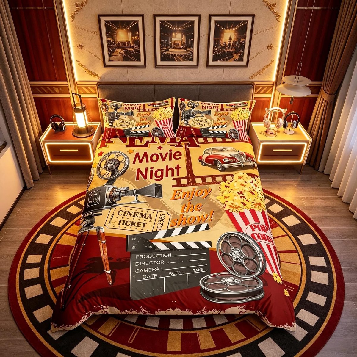Vintage Cinema Dekbedovertrek Tweepersoons - Filmthema Bedsprei met Ties voor Jongeren en Volwassenen, Popcorn, Filmstrip en Camera - Ademend 3-delig Dekbedovertrek Set voor Decoratie