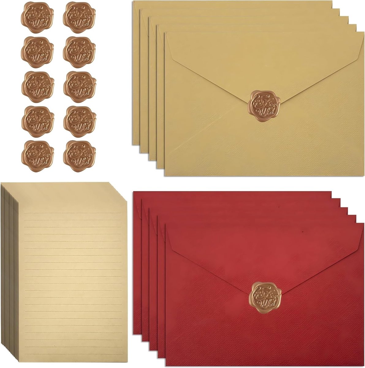 Vintage Briefpapier Set met Kraft Papieren Enveloppen, 10 Zelfklevende Enveloppen en 10 Waszegels voor Bruiloften, Uitnodigingen en Verjaardagskaarten, Inclusief 15 A5 Bladen