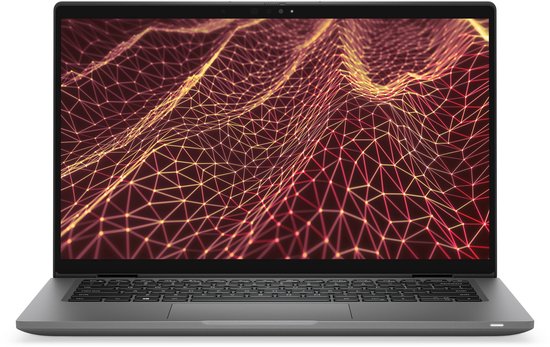 Laptop met een rood-gele netwerkkaart-desktopachtergrond, recht van voren gefotografeerd.