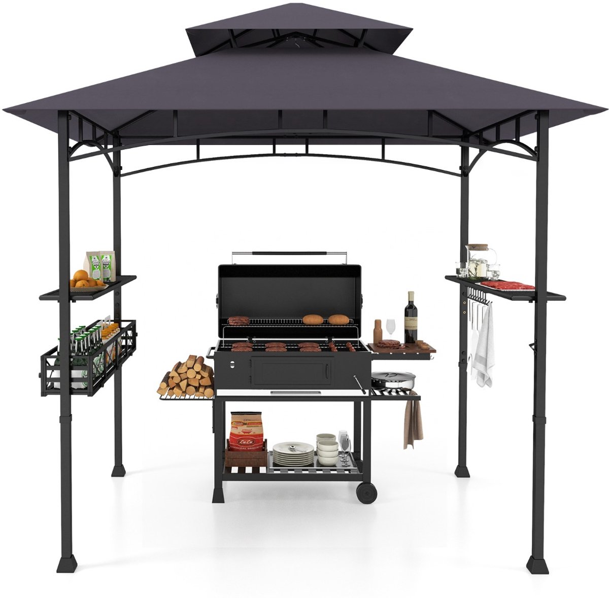 SureDeal® - Barbecue - Grillpaviljoen - Dubbele Dak - Zijkasten - Metalen Mand Grilloverkappingen - 242x153x250 cm - Grijs