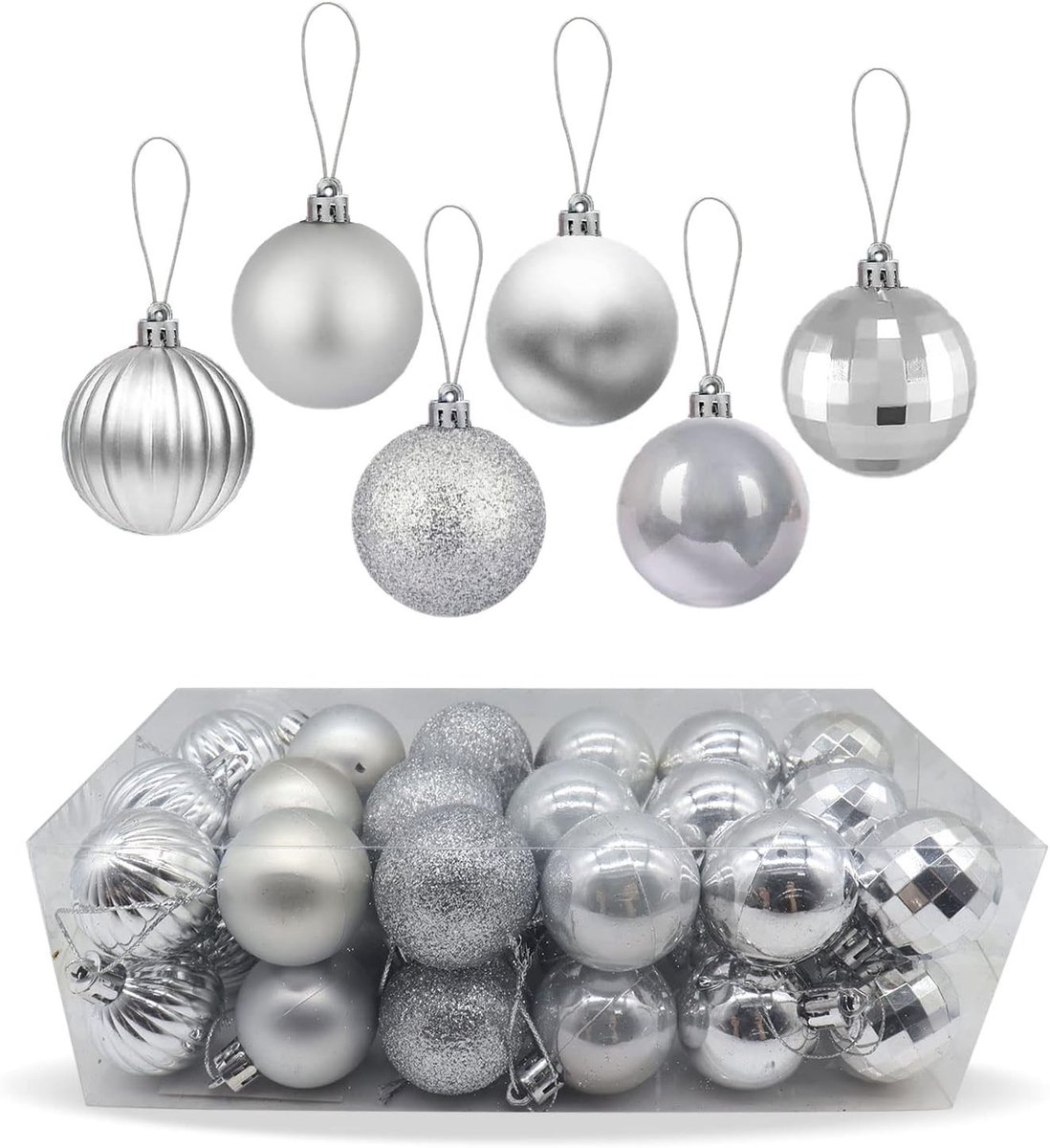 36 Stuks Kerstballen Decoratie, Shatterproof Kerstboomballen met Glans en Glitter, Perfect voor Feestdagen, Bruiloften en Partijen (Zilver)