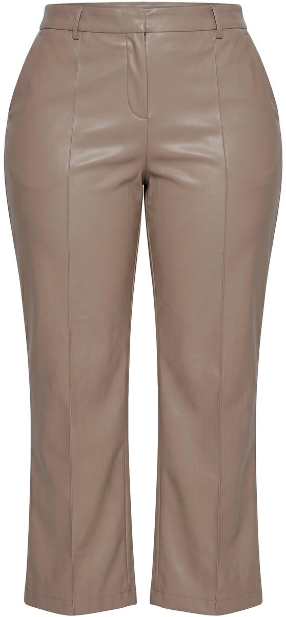 Ulla Popken - Dames - Broek leren look biesjes rechte pijpen - Bleekbruin - Maat 50