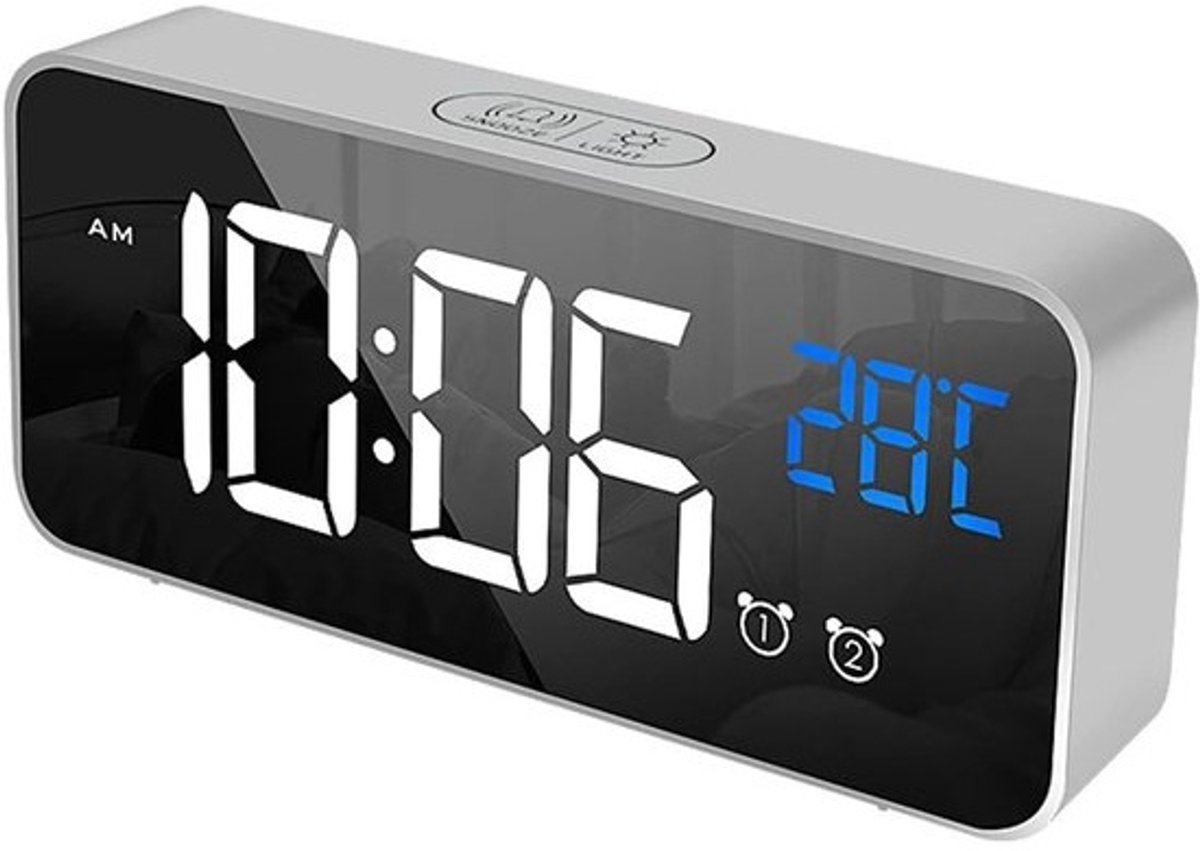 Digitale Muziekwekker - Tafelklok Spraakbediening - Wakker Worden - Muziek Beltoon - 145 x 65 mm - Zilver