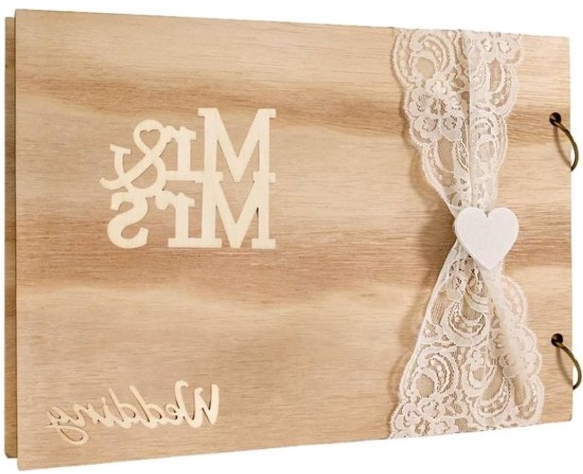 Gastenboek Bruiloft - Trouwalbum Hout - Herinneringen Bewaren - Vintage Look - 26 x 19 cm - Natuurlijk Hout