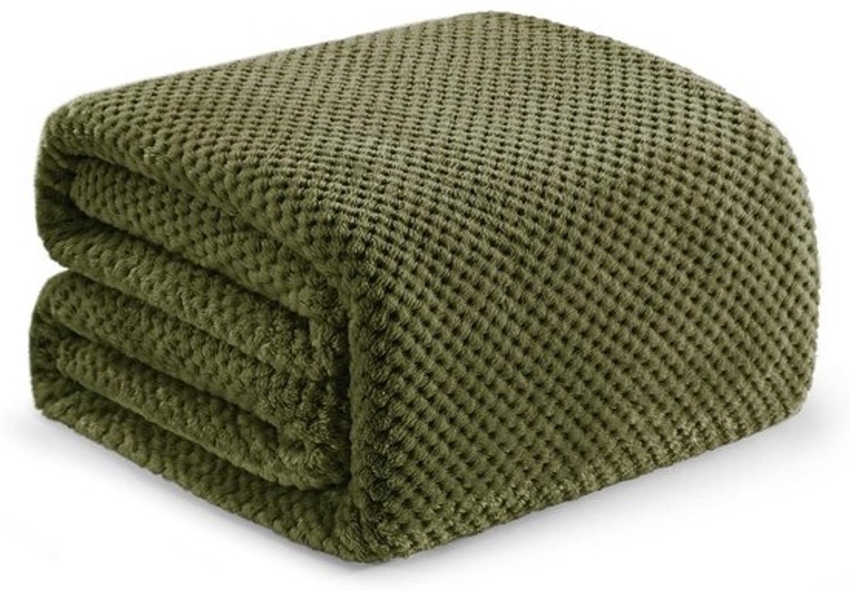 Knuffeldeken Wafelpatroon - Pluizige fleecedeken - Ontspannen op de bank - Uniek geweven patroon - 220 x 240 cm - Olijfgroen