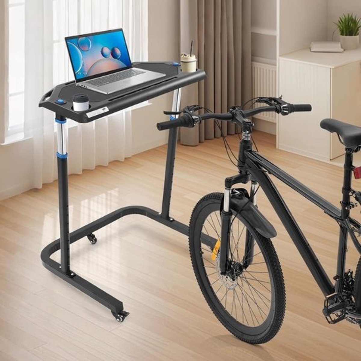 Verstelbaar Fietstrainer Bureau - Roltrainer Tafel - Indoor Sporten - Met Tablet Houder - 82-120 cm Hoog - Zwart
