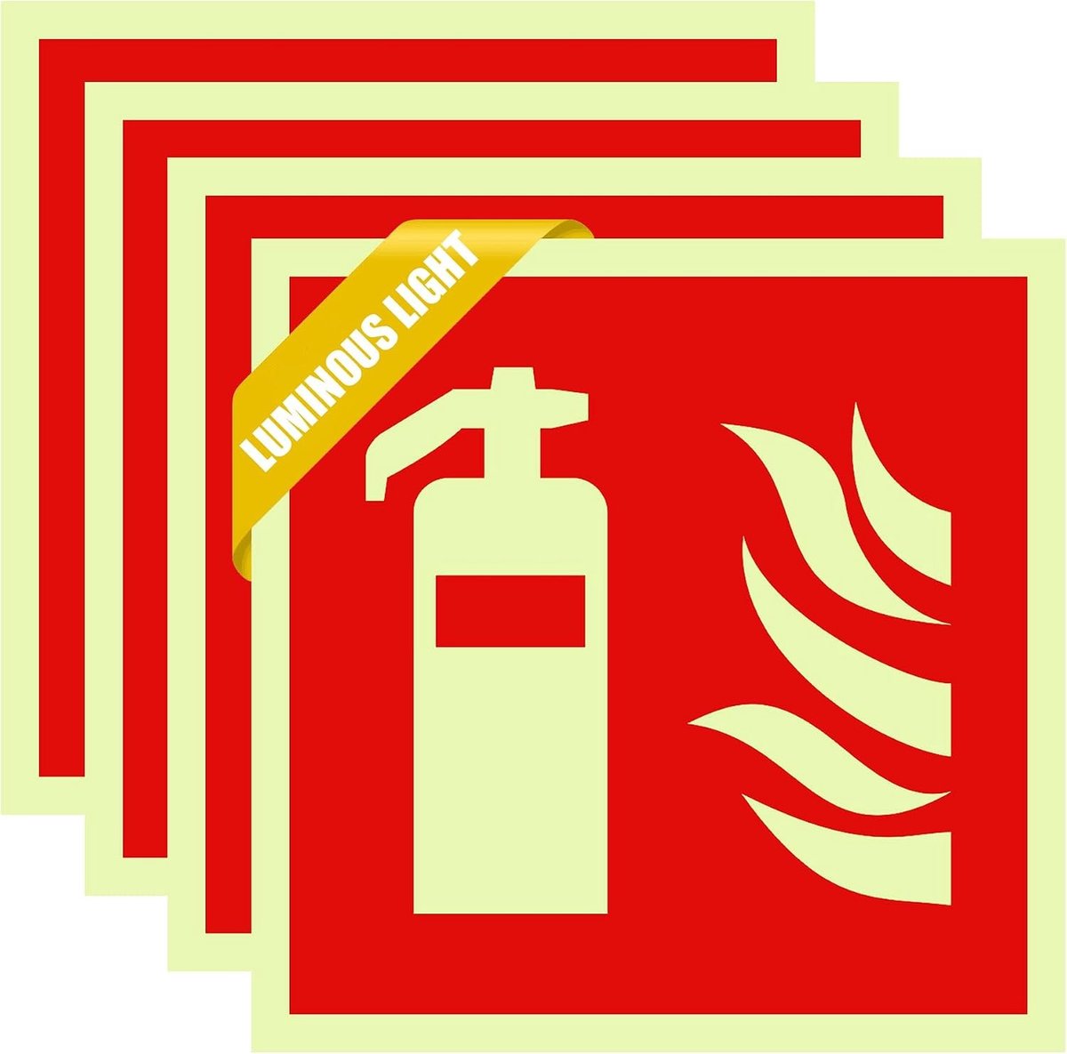 Set van 4 Zelfklevende Brandblusser Stickers van PVC, Verlicht, 150 x 150 mm, Geschikt voor Binnen en Buiten Gebruik, Veiligheid en Signalering