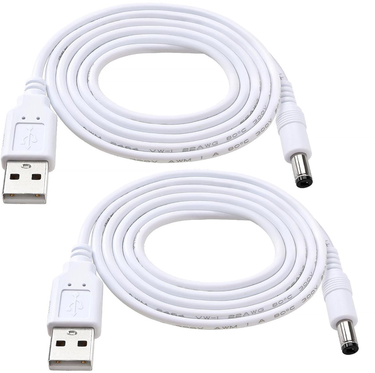 2 Stuks 1m 22AWG USB naar 5V DC Kabel, 5.5x2.1mm Stekker voor LED Verlichting, Bureau Lampen en Ventilatoren, Wit