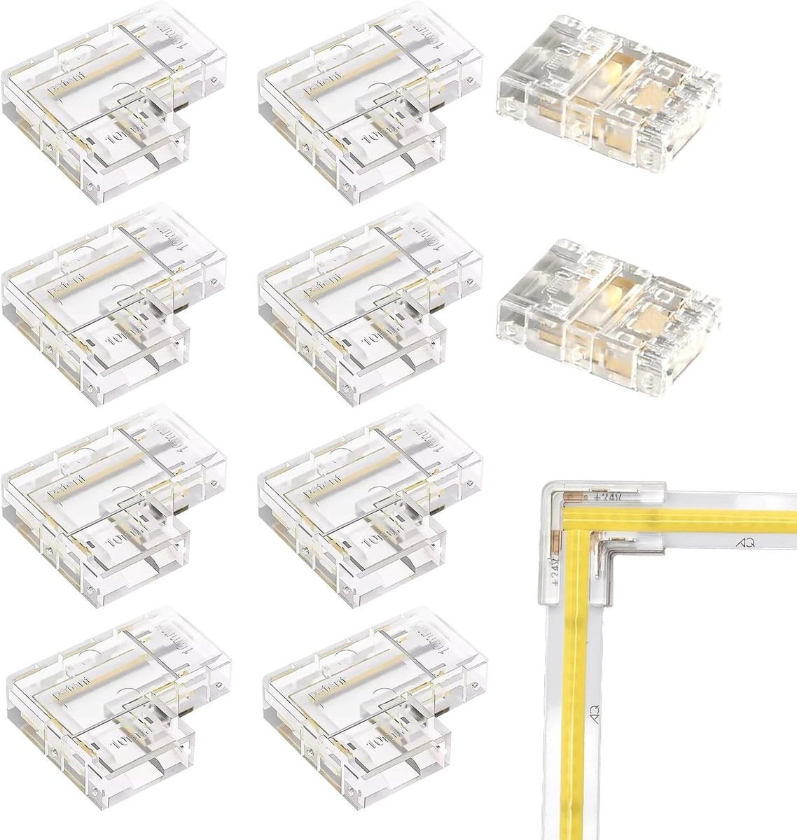 COB LED strip connector set voor 10 mm LED strips, 2 centrale connectoren en 8 L-connectoren, ideaal voor verlenging en installatie van LED verlichting
