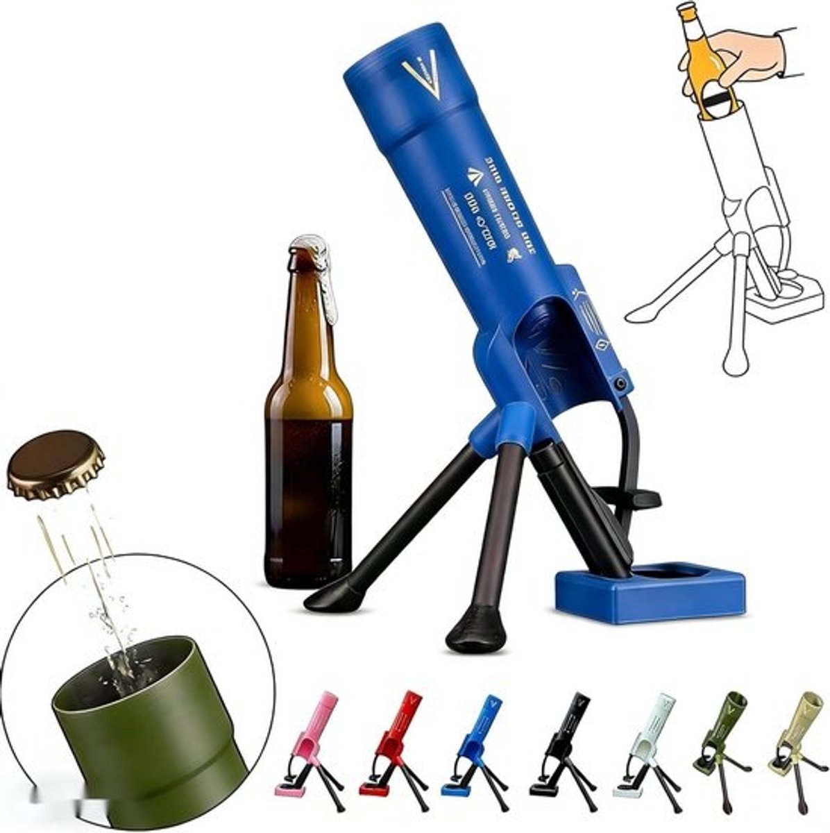 Bierflesopener Vijzel - Flesopener Mortier - Bier Flessen Openen - Handsfree Dopwerper - 51 mm - Blauw