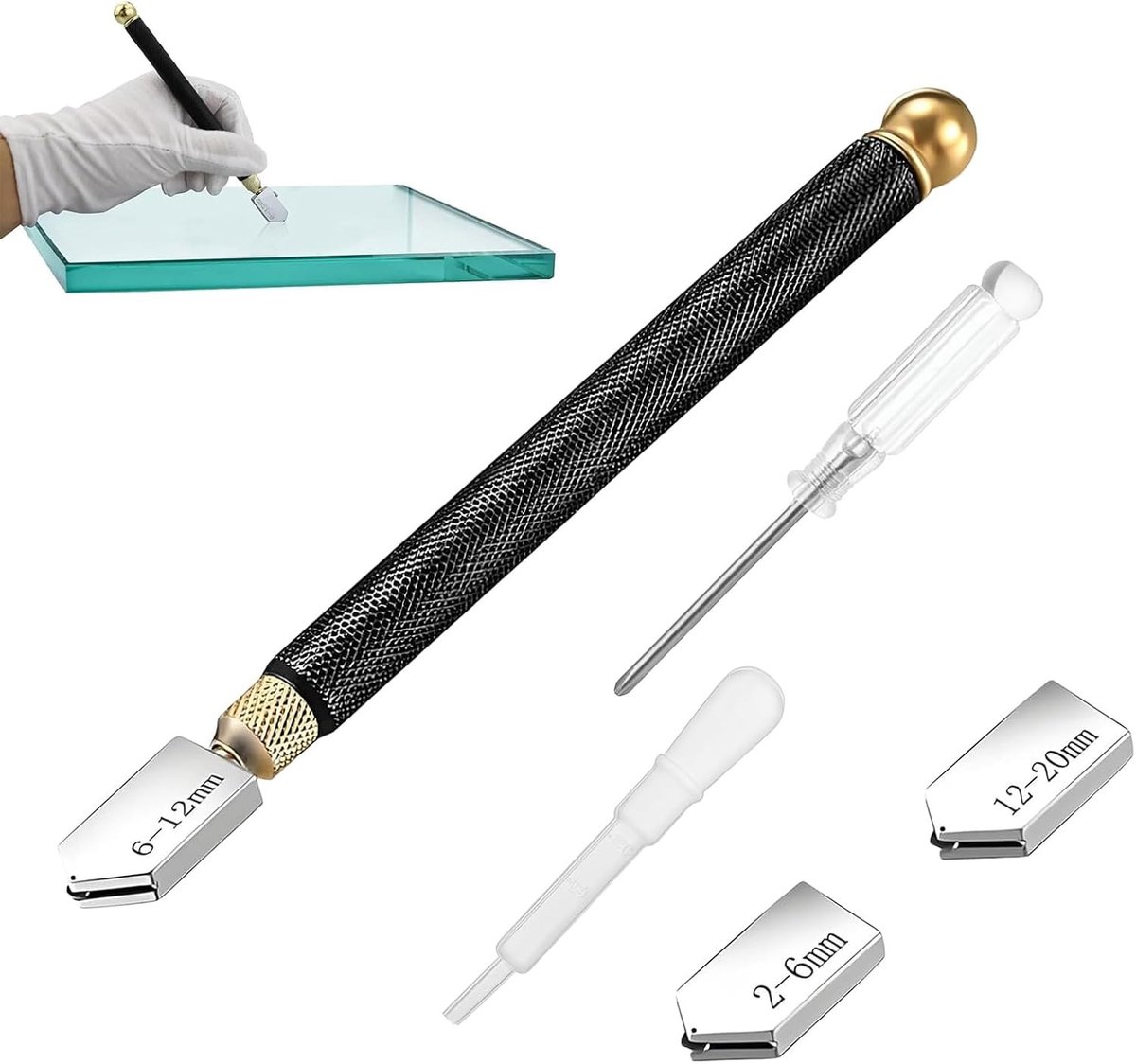 Glas snijder set van 5 stuks, 2-20mm, voor het snijden van ramen, tegels en spiegels met verwisselbare handsnijders