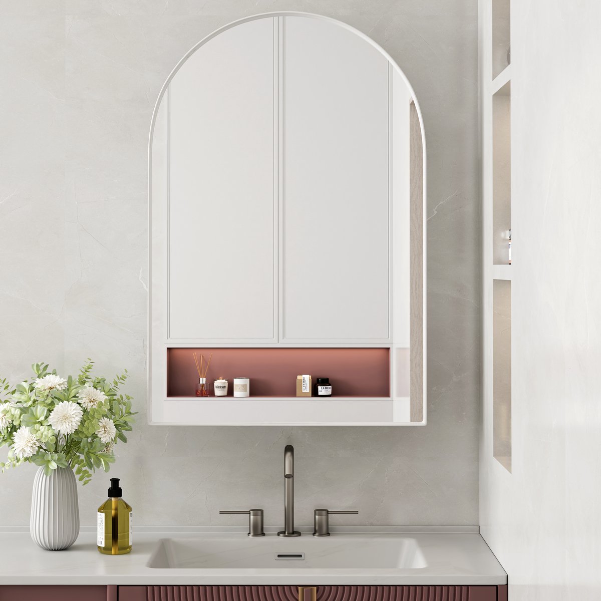 Boogvormige spiegelkast - Inbouw medicijnkast - Wandmontage - Verstelbare planken - Metalen frame - Wit, ideaal voor badkamer, woonkamer en slaapkamer