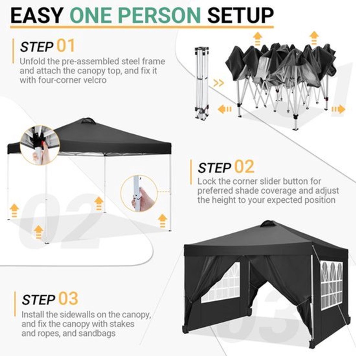 Vouwtent – Overkapping – Partytent – Schaduwdoek – Buitenpaviljoen – Waterdicht 210D Oxford – Inclusief Zijwanden Met Ramen - 3x3m - Zwart