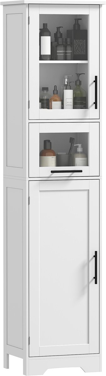 Badkamerkast Smal – 40 x 31 x 170 cm – Hoge Vrijstaande Kolomkast met 2 Deuren, Lade en Verstelbare Planken – Wit
