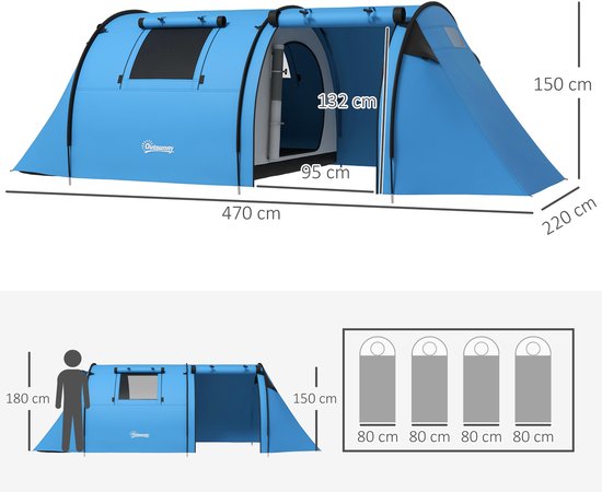 Kampeertent voor 3-4 personen-stabiel-waterdicht-familietent met slaap-/woonkamer-3000 mm waterkolom-hemelsblauw — afbeelding 4