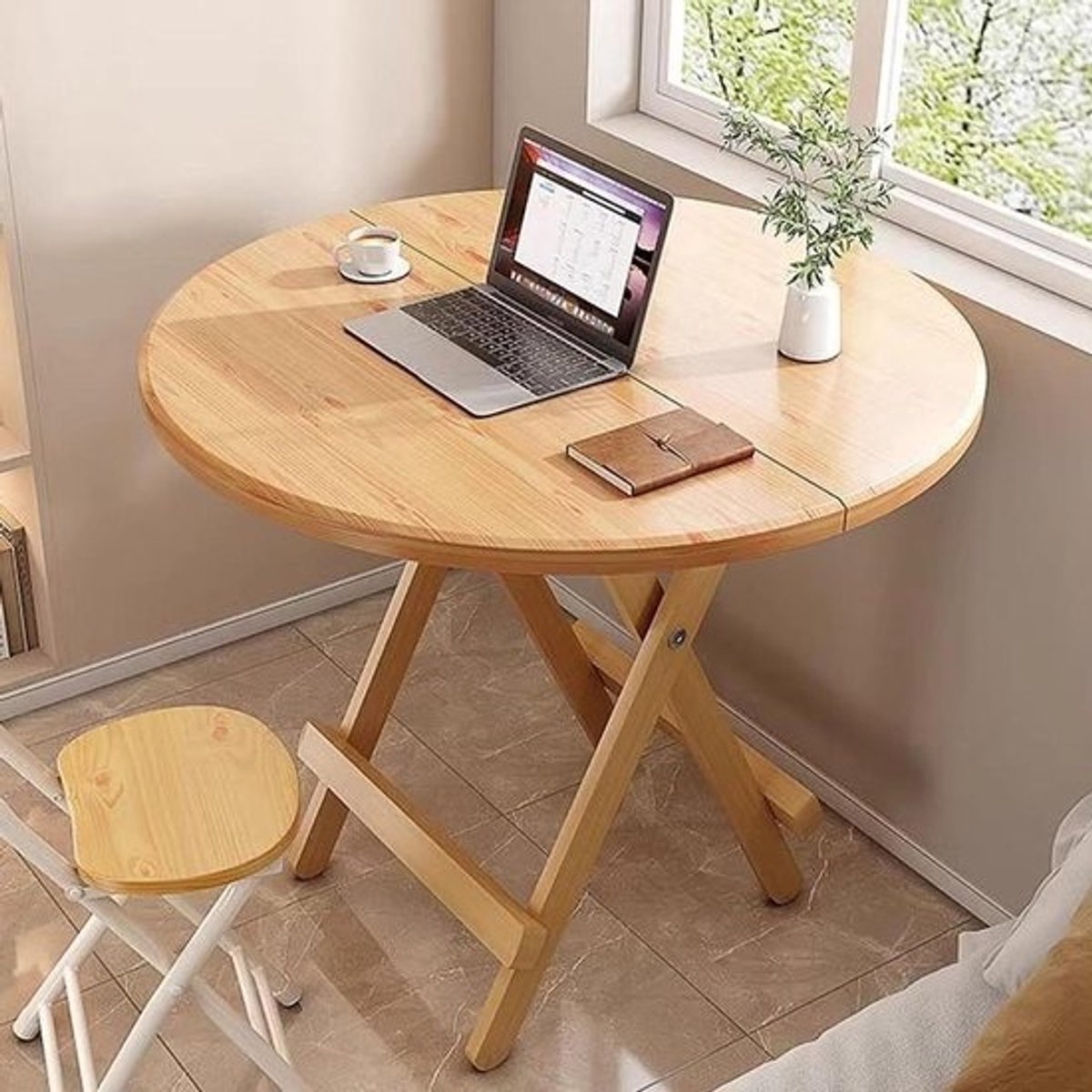 Houten Ronde Tafel - Bijzettafel Klaptafel - Kleine Ruimtes - Geen Montage Nodig - 70 cm - Natuurlijk