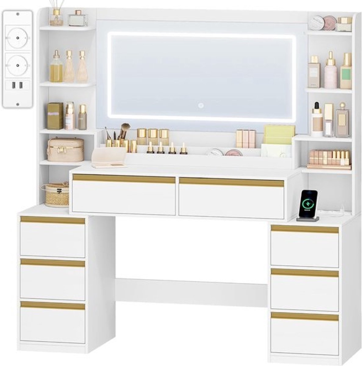 Kaptafel met Verlichting - Make-uptafel Spiegel - Make-up aanbrengen - Geïntegreerde Stopcontacten - 40 x 135 cm - Wit-Goud
