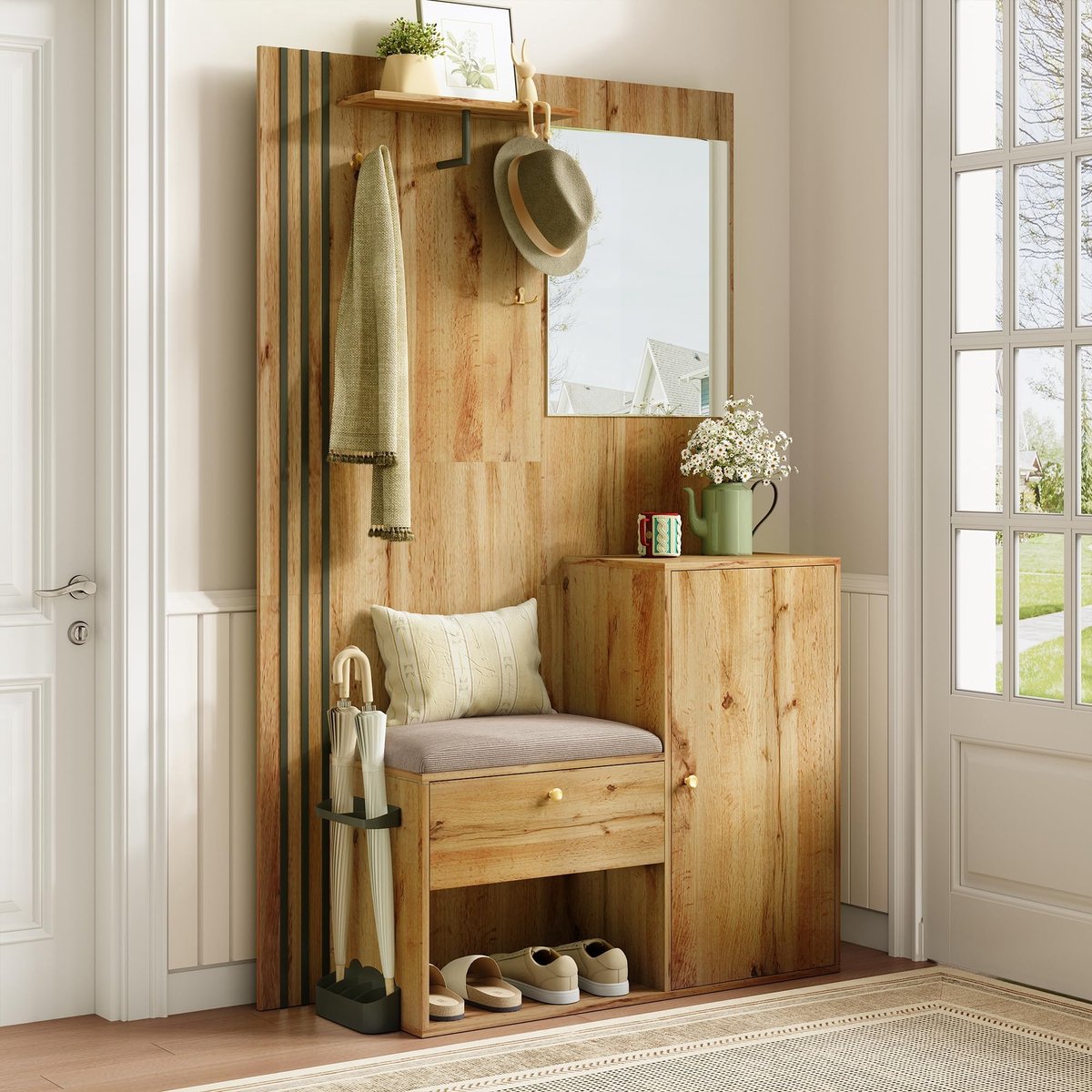 Kapstokset met Spiegel en Kussens - Halmeubel met Opbergruimte - 115 x 185 x 37 cm