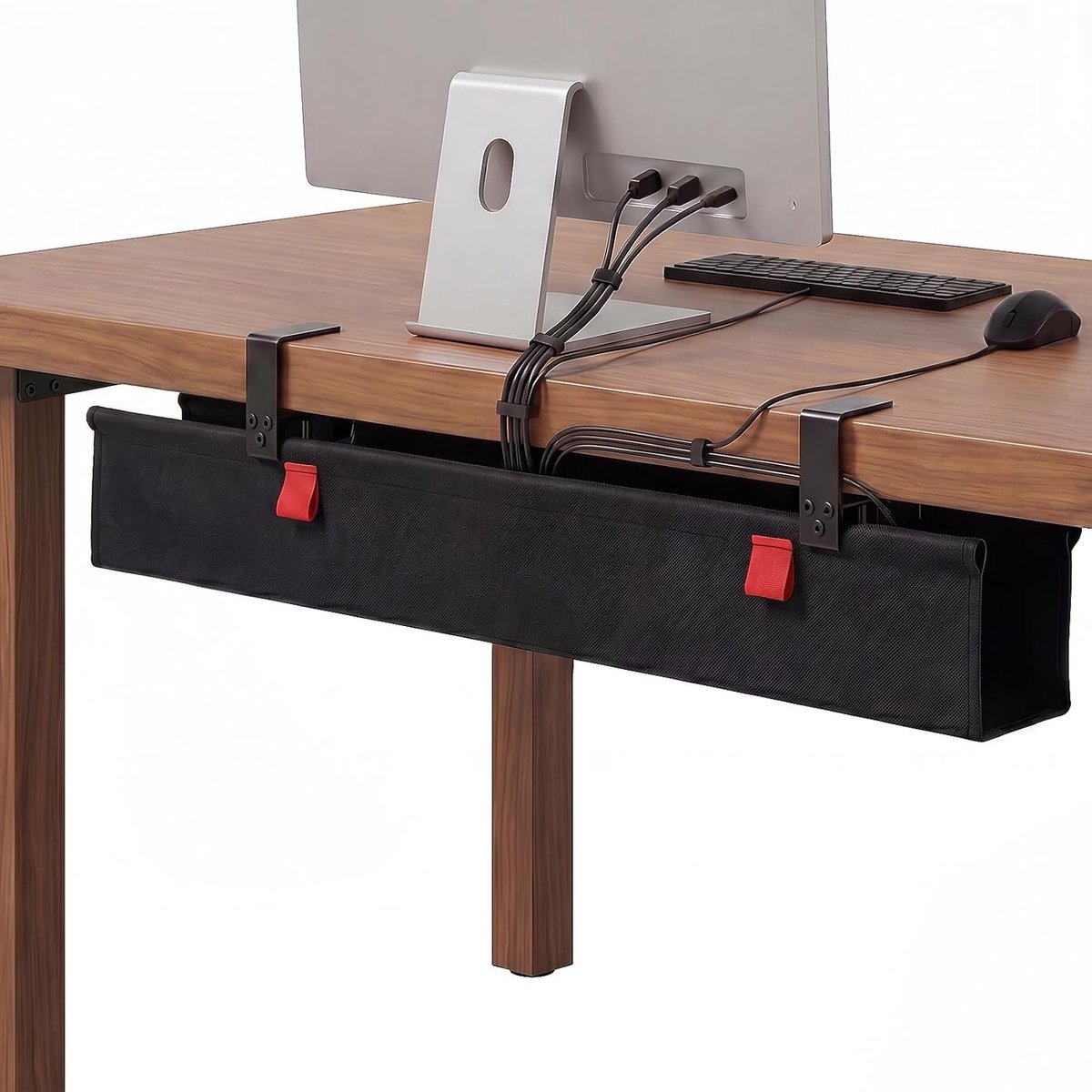 Onderste bureau kabelmanagement tray, zonder boren klembevestiging, kabelorganizer voor thuiswerkplek, stevige waterdichte stof kabelmand, 90 cm x 14 cm zwart