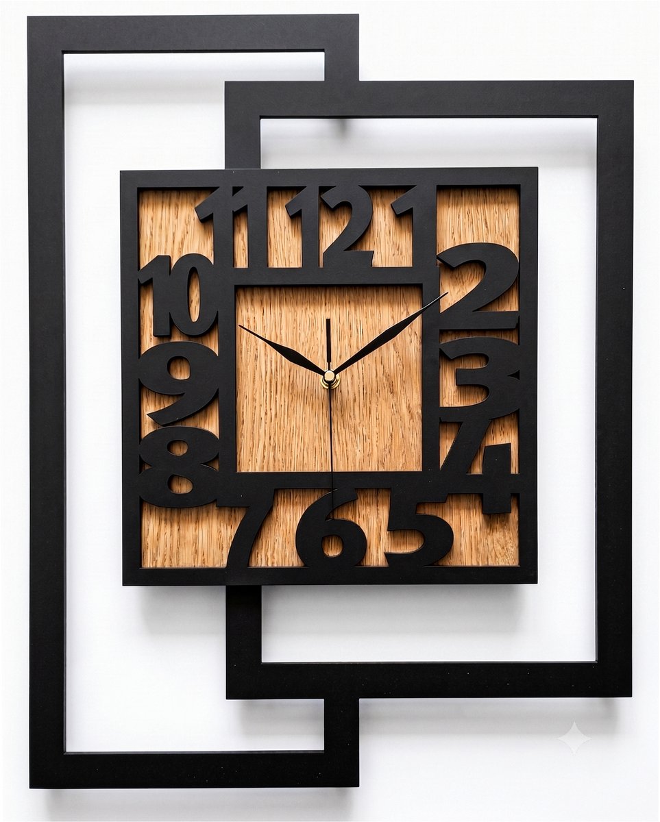 Handgemaakte Grote Houten Wandklok – Modern Minimalistisch Design, Rechthoekig Verticaal, Leesbare cijfers, Geruisloos, Zonder Tikkend Geluid – Voor Woonkamer, Slaapkamer – Unieke Wanddecoratie, Industrieel Design & Stil Uurwerk: zwart -gouden eik