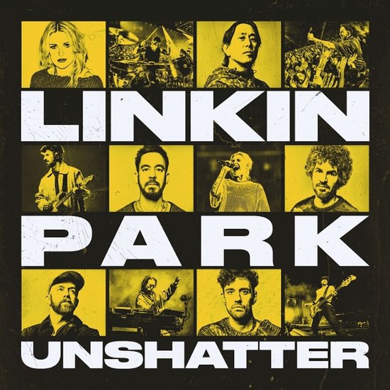 Collage met foto's van de band Linkin Park, met de tekst "LINKIN PARK UNSHATTER" in grote letters.