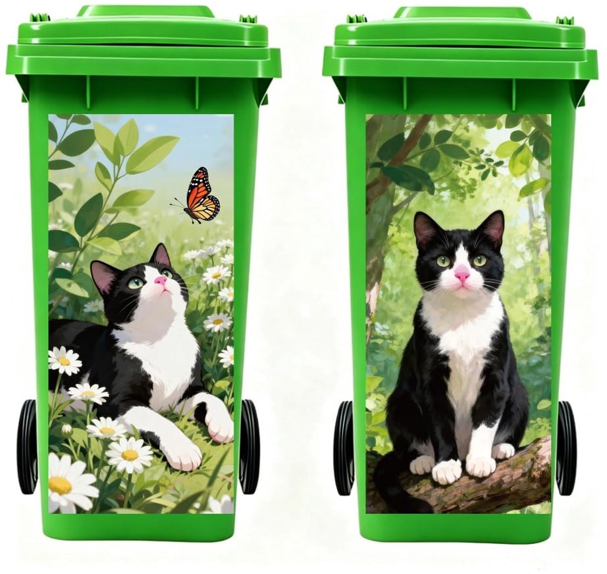 Set van 2 Stickers voor Afvalbak - Tuin met Kat en Vlinder