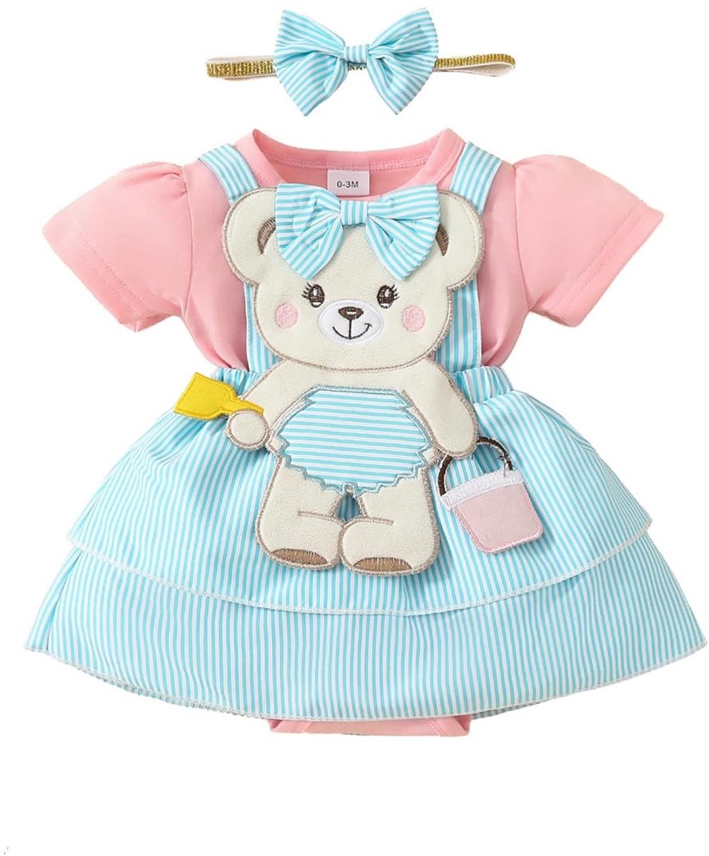 Meisjes Romper Set - Kort Mouw met Aardbei Beer Print - Blauw