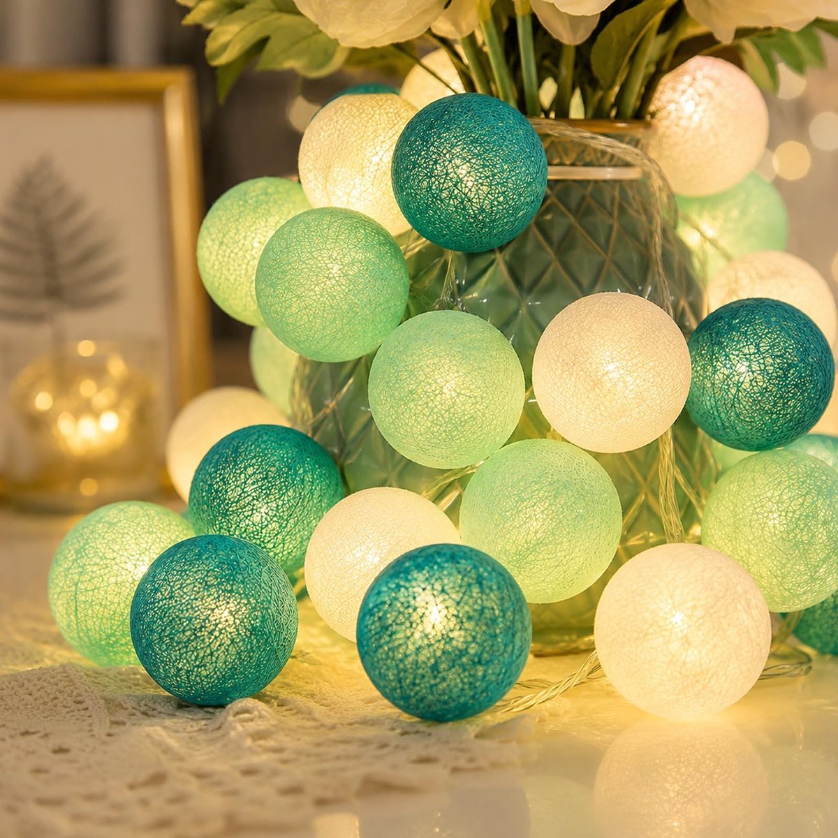Lichtsnoer met katoenbollen - 20 LED lampjes, warm wit