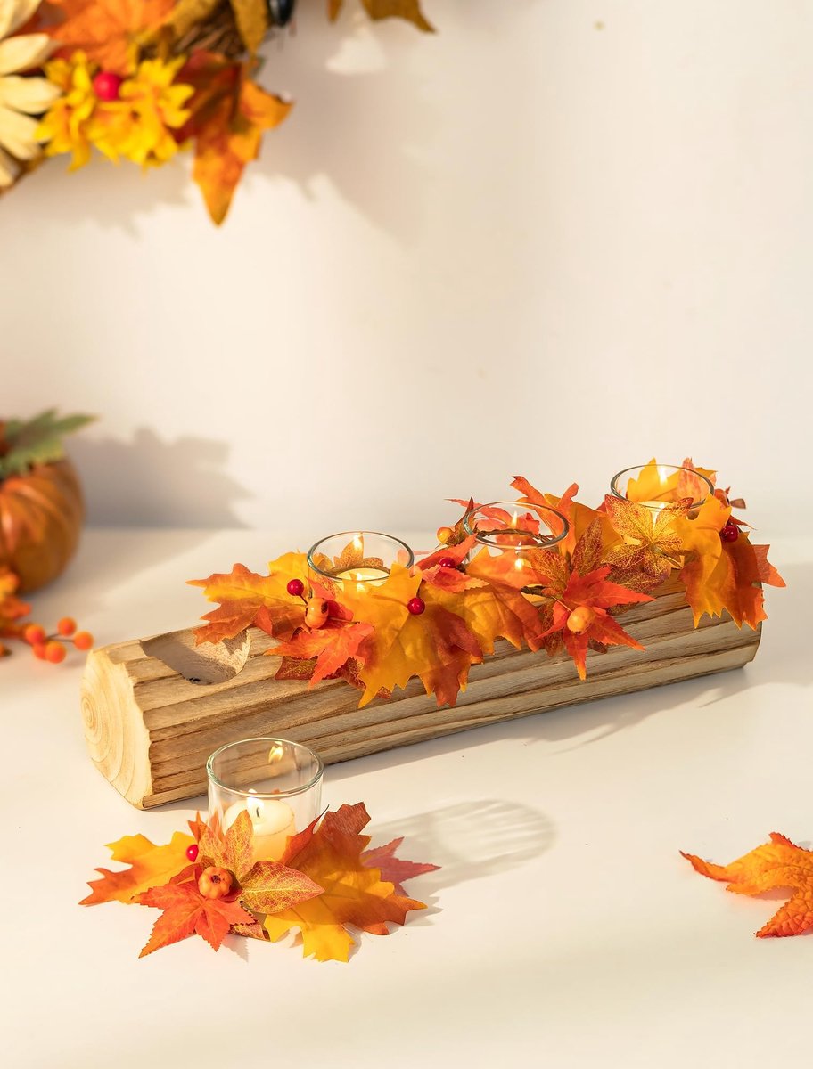 Houten Kandelaar 40 cm - Herfstdecoratie met 4 Theelichtglazen