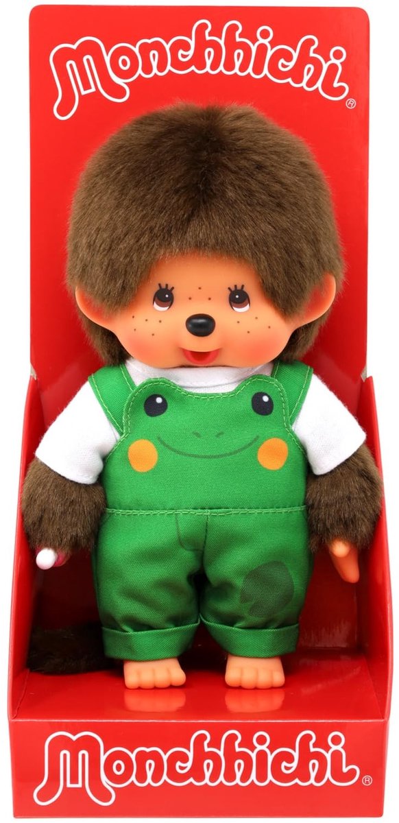Monchhichi Knuffel - Bruin met Tuinbroek en Kikker Motief - 20 cm