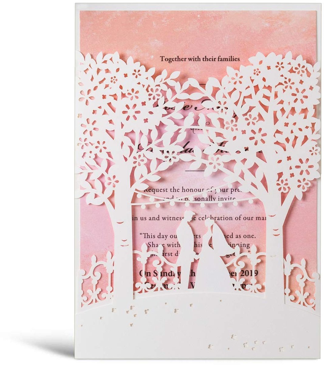 Huwelijksuitnodigingskaarten - 20 Stuks Witte en Roze met Aquarel Motief