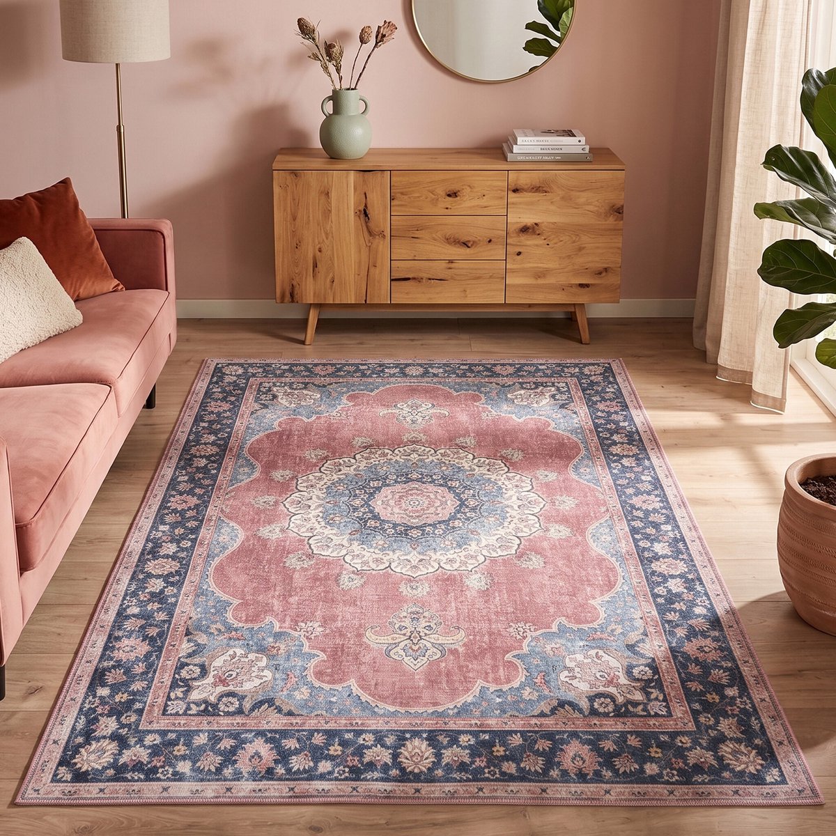 FRAAI Vintage vloerkleed - Lily Medaillon Rood/Roze | Fleurig - 140x200cm