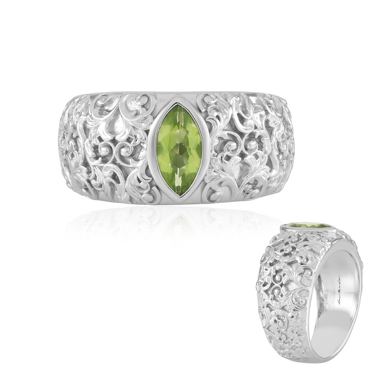 Cavill - Zilveren ring met platina laag - marquise peridoot 0,94 ct - 925 sterlingzilver - elegante damesring met groene edelsteen