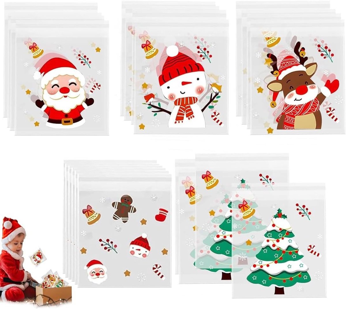 Kleine transparante kerstkoekjeszakjes, cellofaan zakjes voor snoep en lekkernijen (5 motieven)