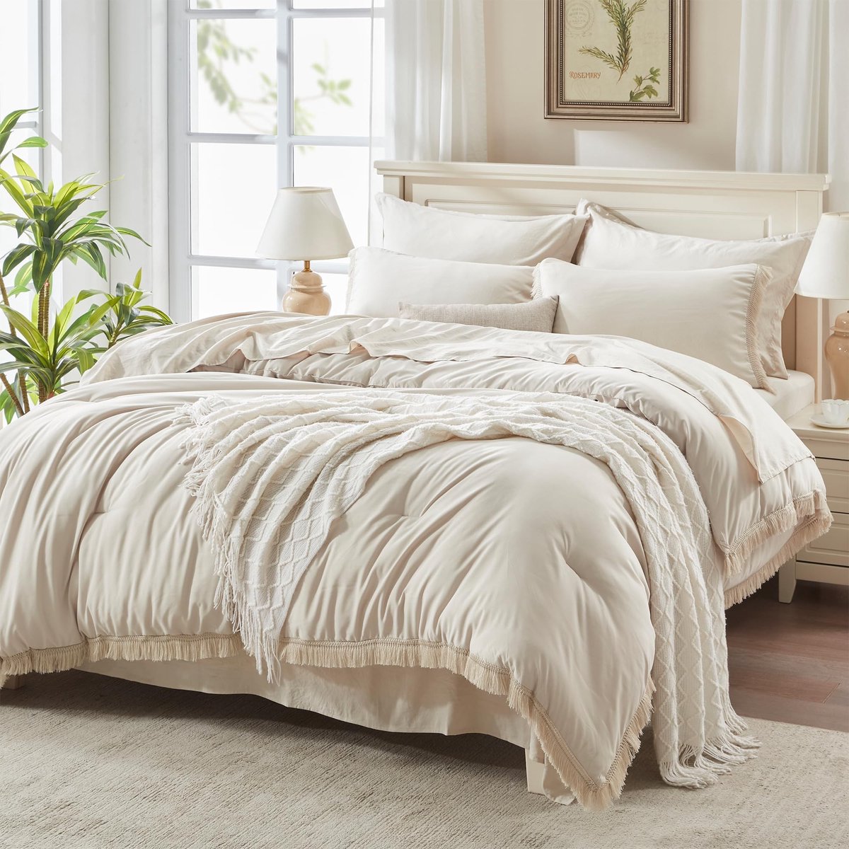 7-delige Boho Beddenset - Beige met Kwastjes voor King Size