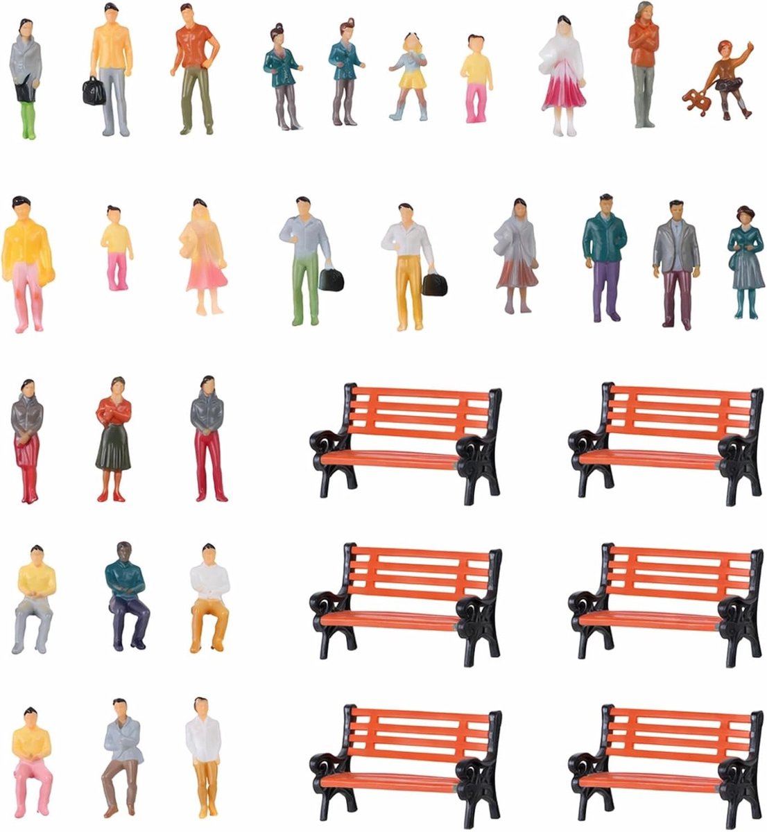 100 Mini Figuren en 6 Banken Set, 1:100 Schaal Kleine Mensen Speelgoed voor Miniatuur Scènes en Model Spoorweg Layout