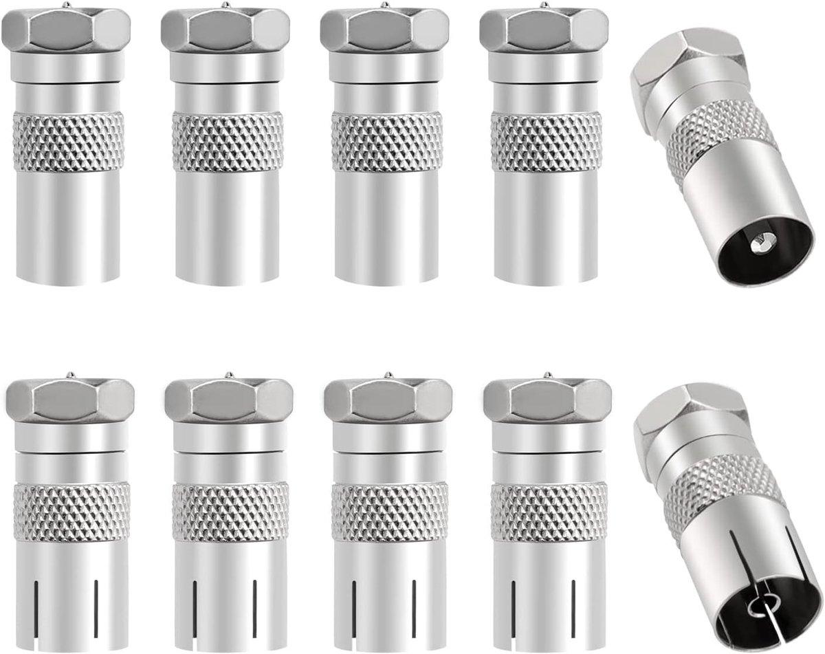 10 Stuks F Male Plug naar RF Coaxiale Antenne Adapter, TV Connectoren voor Signaaloverdracht en Antenneverbindingen, Verchroomd en Duurzaam