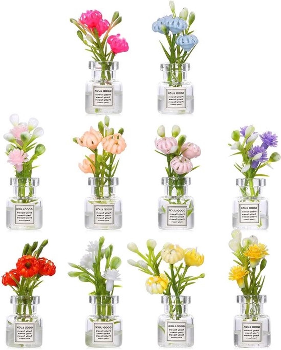 Miniatuur Bloemen Poppenhuis - Nep Planten Vaas - Poppenhuis Decoratie - Realistisch Glasontwerp - 10 stuks - Multicolor
