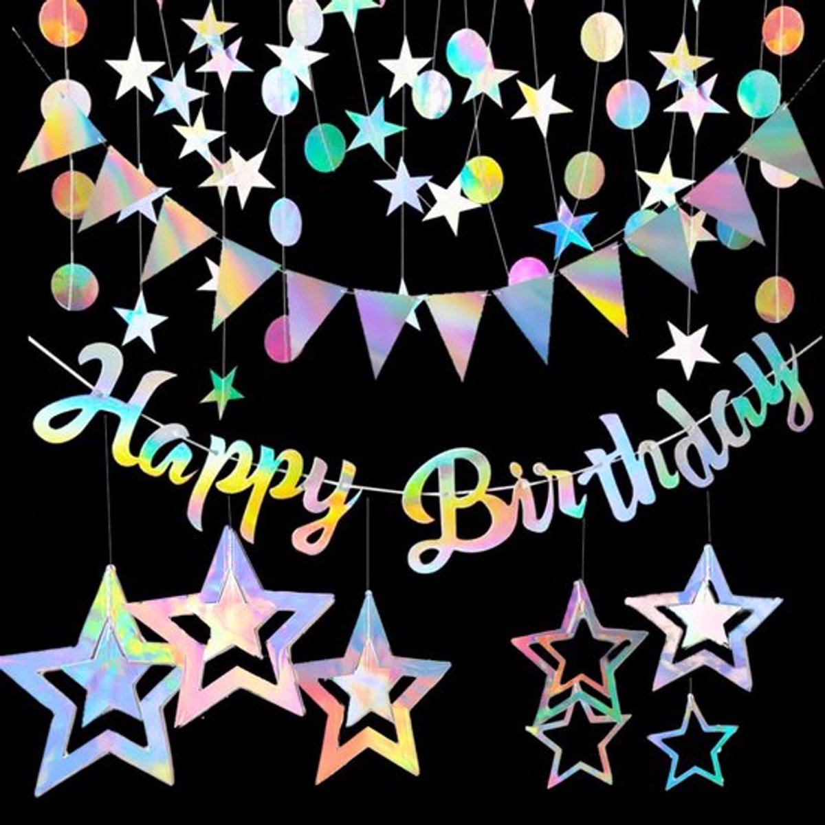 Gelukkige Verjaardag Garland Iridescent Verjaardagsdecoratie Hangende Papieren Garland Glitter Papieren Garland Kleurrijke Sterren Ronde Holografische Regenboogdecoratie Verjaardagsdecoratie voor