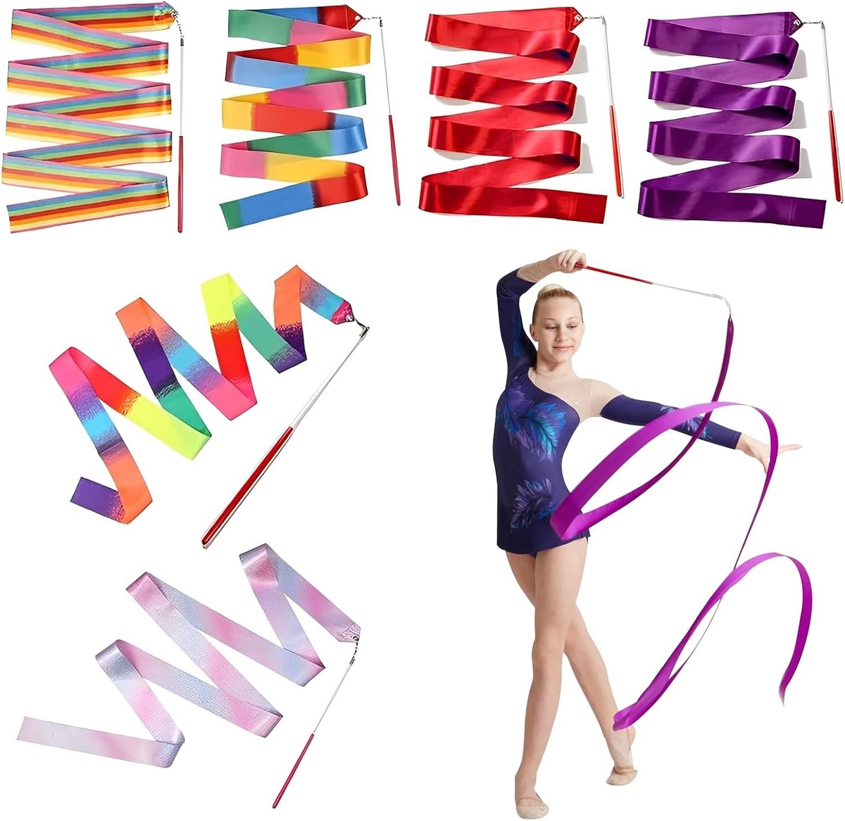 Gymnastiekbanden met staaf, 6 stuks, 2 m, dansbanden in regenboogkleuren voor ritmische sportgymnastiek, danstraining en creatieve expressie