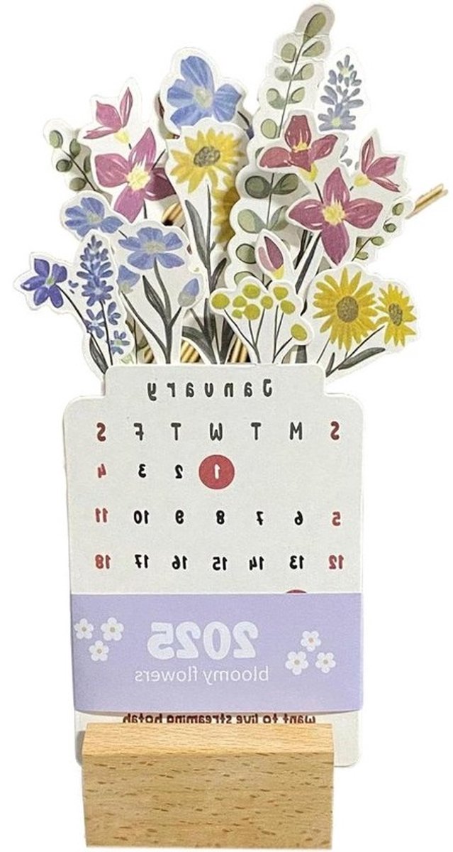 Tafelkalender Bloemen - Bureaukalender Houten Sokkel - Werkplek Organiseren - Afneembaar Maandontwerp - ca. 20x10x4 cm - Niet gespecificeerd