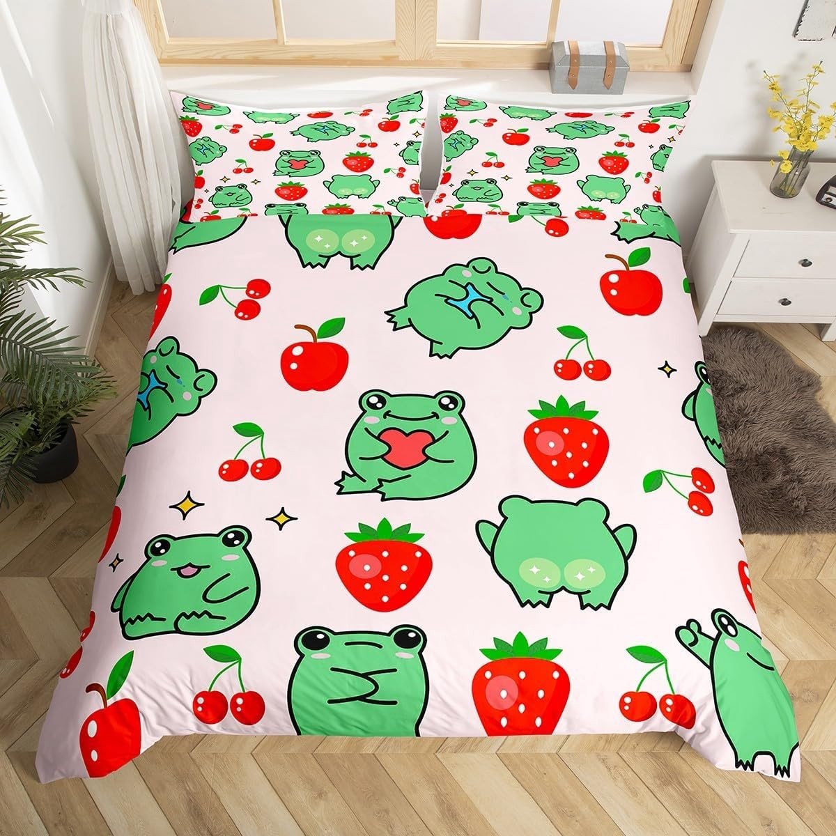 Schattige Cartoon Kikkers Dekbedovertrek voor Kinderen, Kleurrijk Bedlinnen met Fruitmotief voor Jongens en Meisjes, Perfect voor Kinderkamers en Speelruimtes