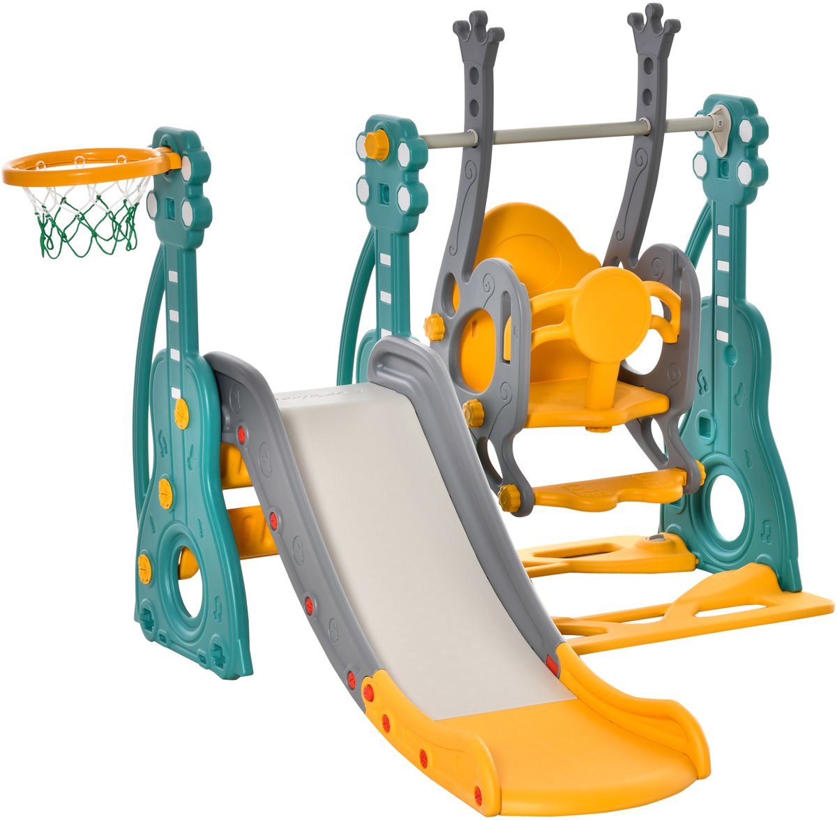 4-in-1 glijbaan en schommel voor kinderen met basketbalring - verstelbaar zitje - 152 x 149 x 107 cm - blauw en geel
