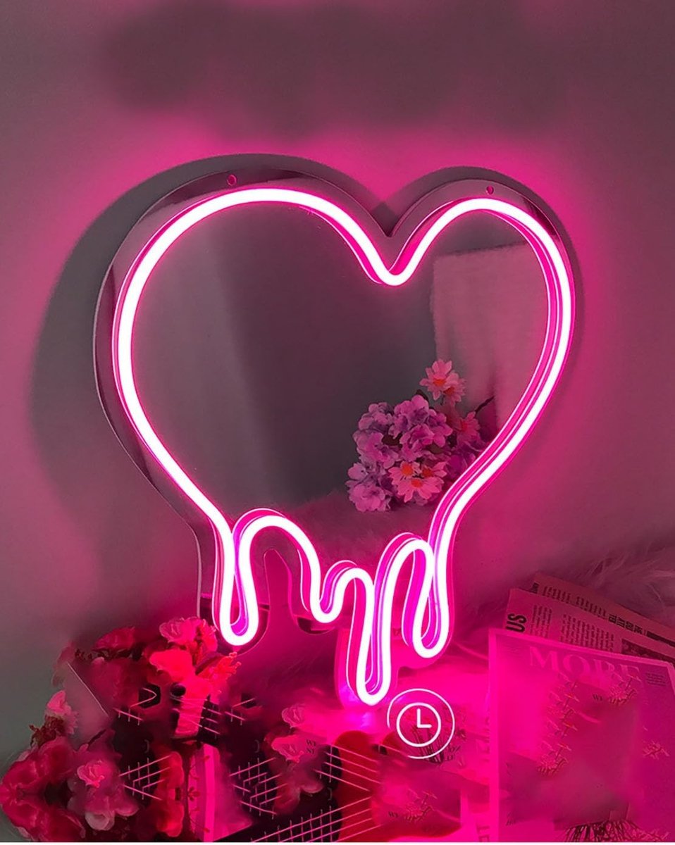 Neon Acryl Spiegel in Hartvorm met Golf en Kat, Wanddecoratie voor Gothic en Romantische Sfeer in Slaapkamer en Studie