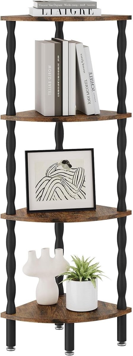 Stijlvolle 4-laagse hoekplank voor kleine ruimtes, industrieel design voor boeken en decoratie, bruine opslagplanken